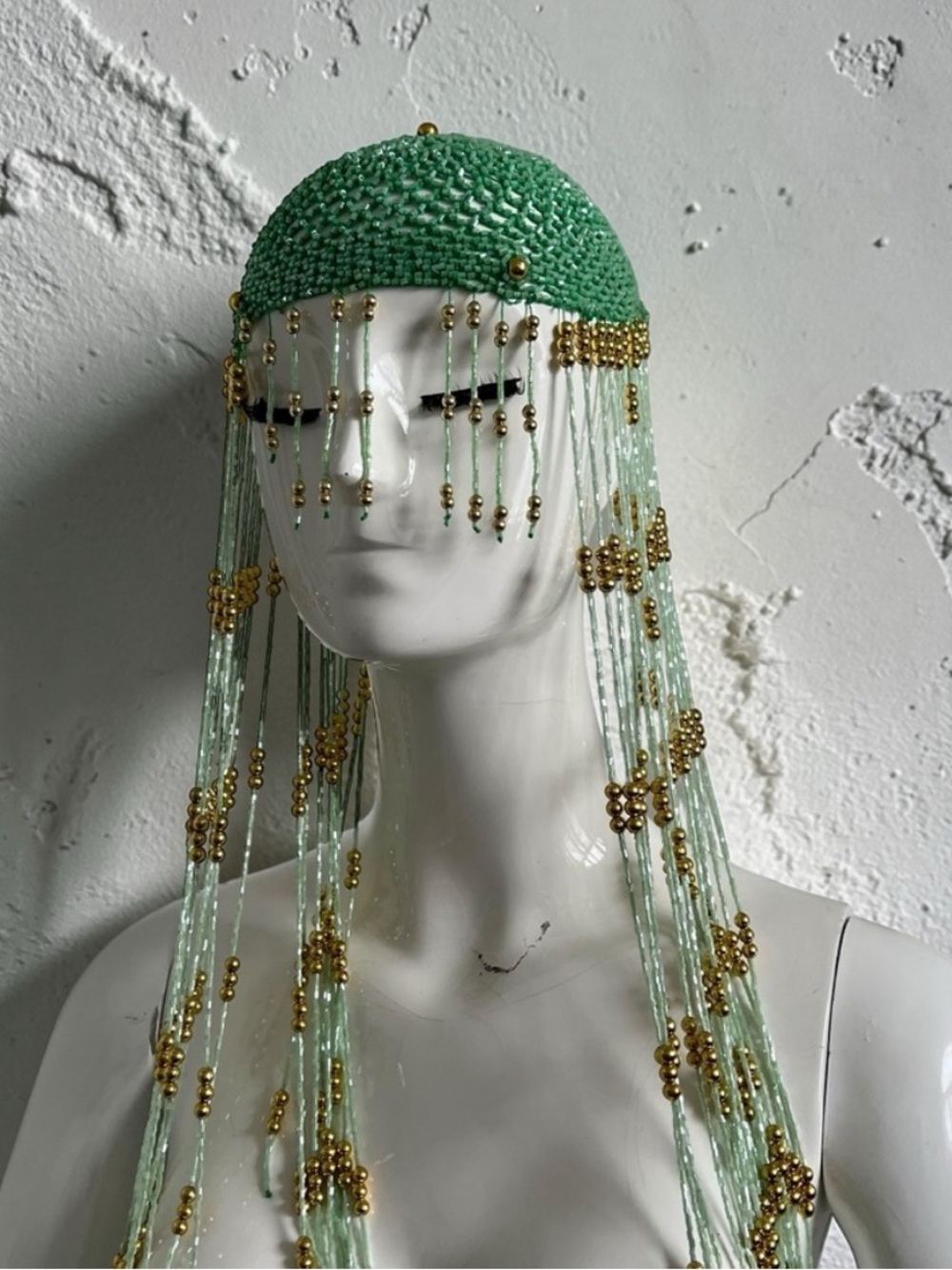 Hand Beaded Green & Gold Fringe Headpiece Boho Festival Statement